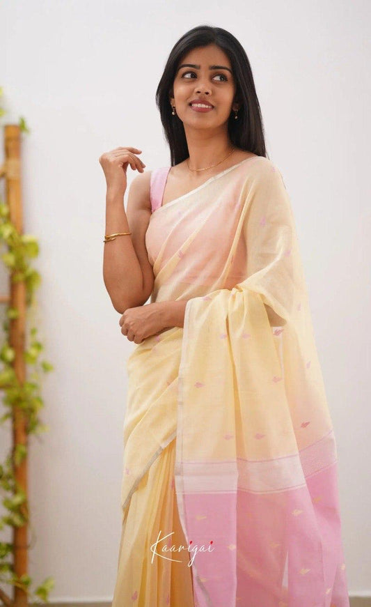 Pastel Yellow Soft Cotton Saree With Contrast Pastel Pink Border