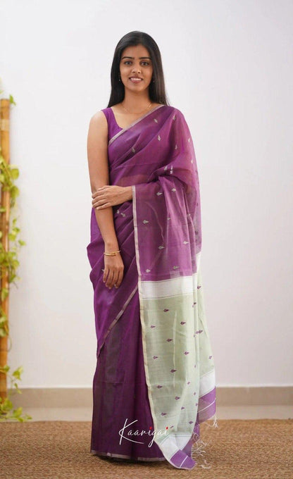 Purple Soft Cotton Saree With Contrast Cream Border