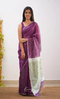 Purple Soft Cotton Saree With Contrast Cream Border