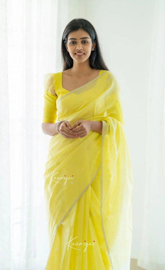 Light Yellow  Soft Cotton Saree With Contrast Cream  Border