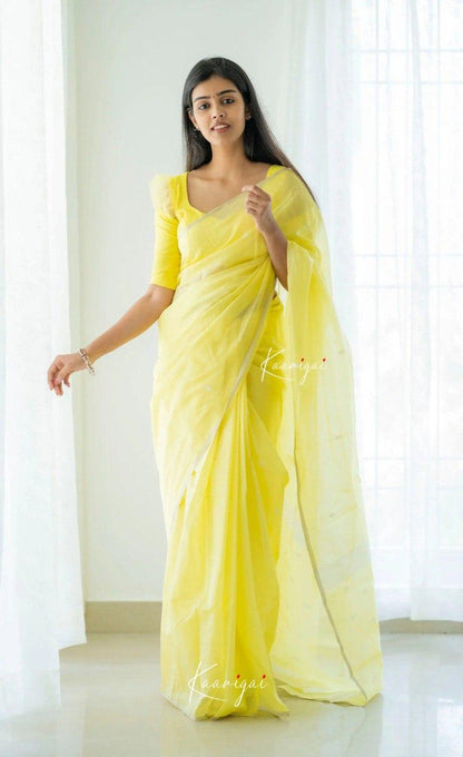 Light Yellow  Soft Cotton Saree With Contrast Cream  Border