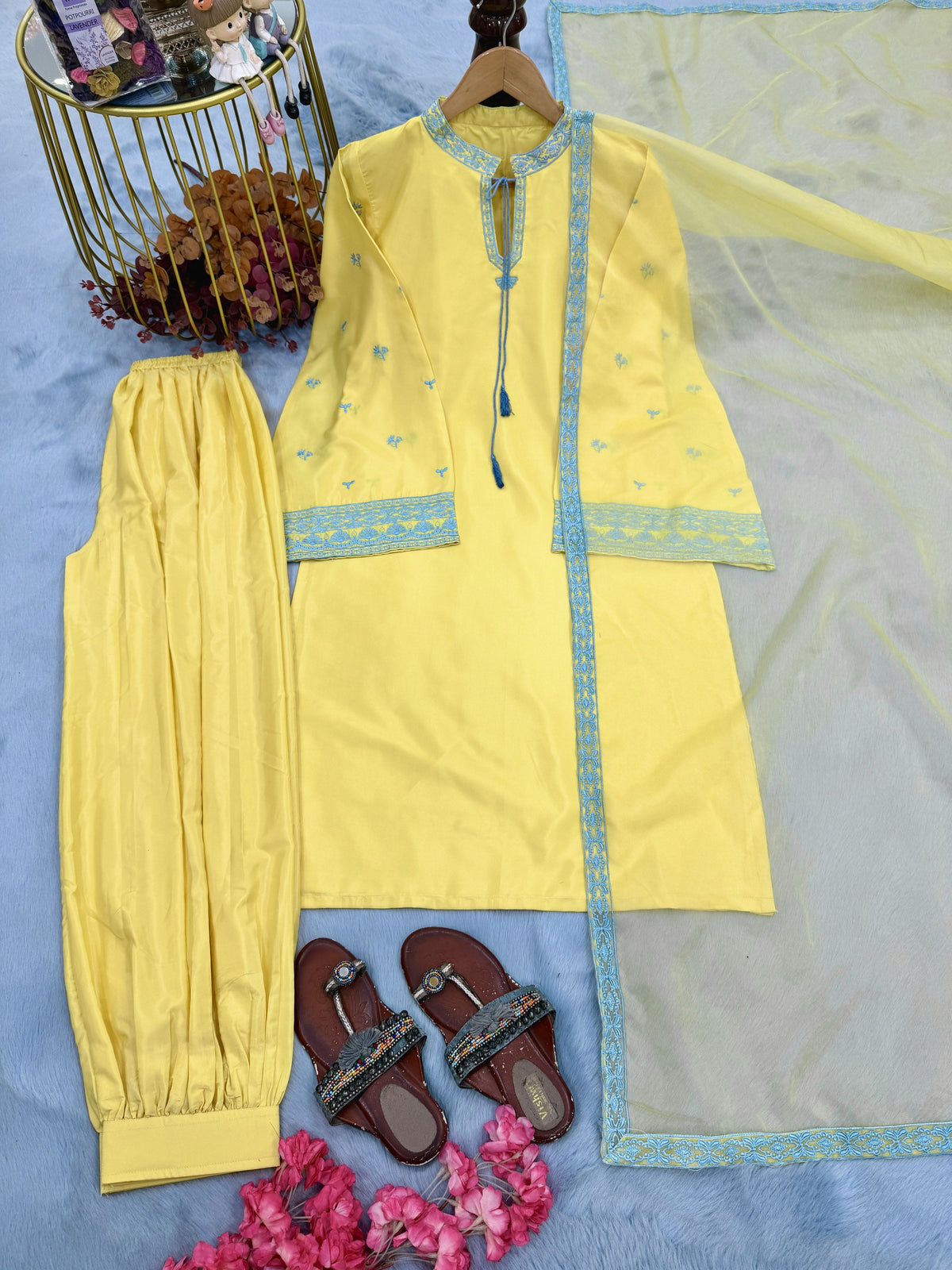 Yellow Crepe Kurta Set with Balloon Pants