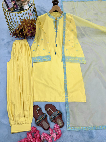 Yellow Crepe Kurta Set with Balloon Pants