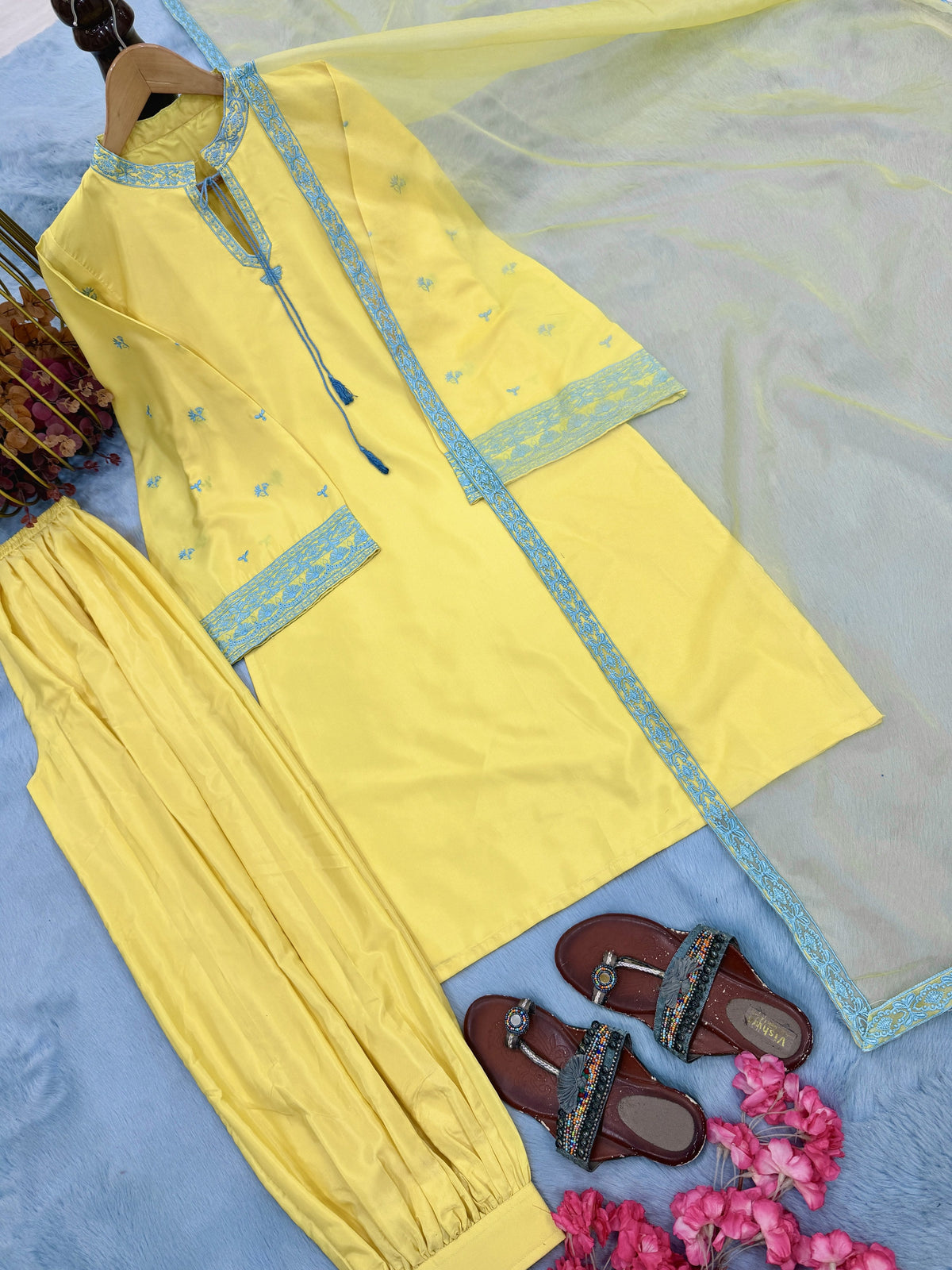 Yellow Crepe Kurta Set with Balloon Pants