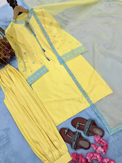 Yellow Crepe Kurta Set with Balloon Pants