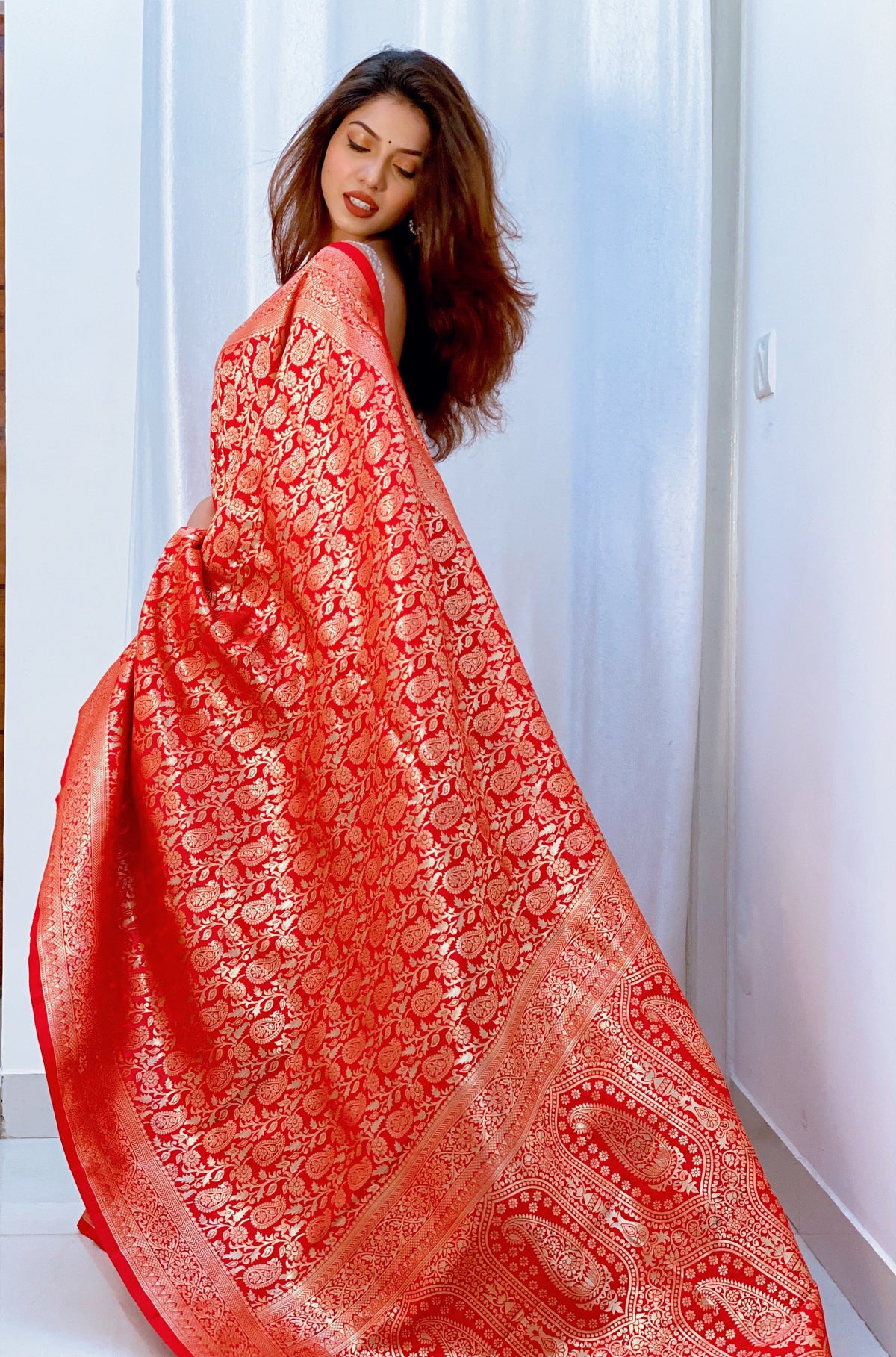 Red color Zari Golden Weaving Rich Saree