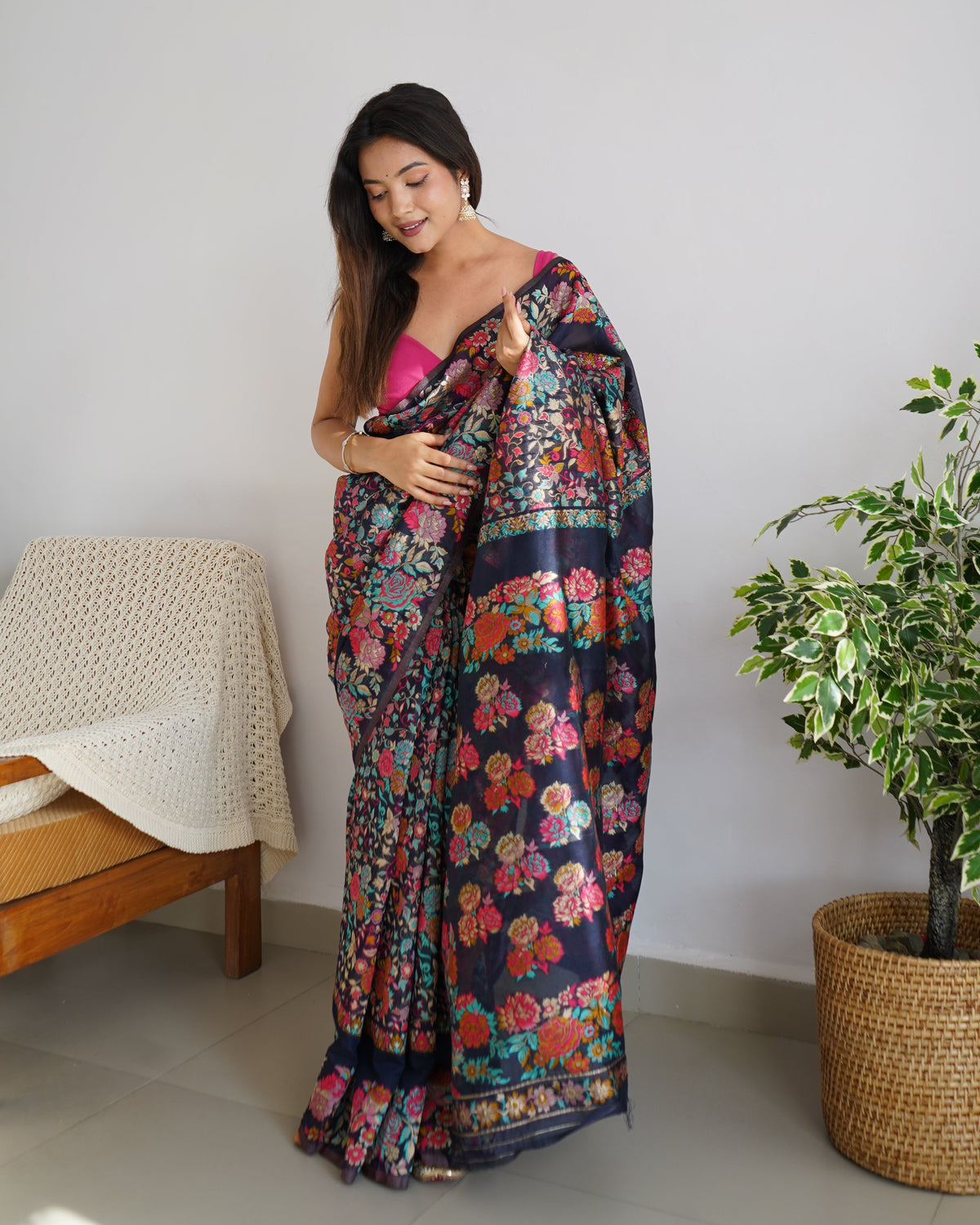 Navy Blue  - Colored Floral Print Pashmina Cotton Saree