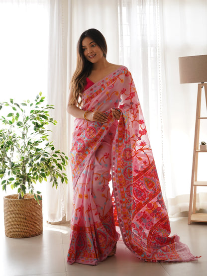 Peach Pink-Colored Floral Print Pashmina Cotton Saree
