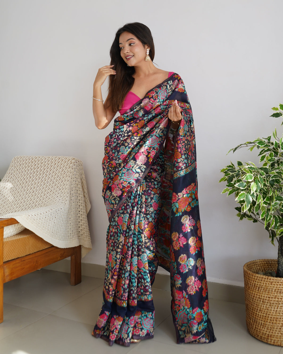 Navy Blue  - Colored Floral Print Pashmina Cotton Saree