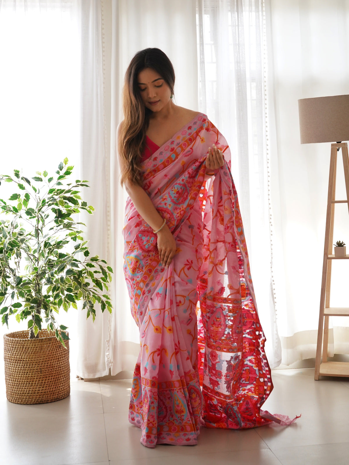 Peach Pink-Colored Floral Print Pashmina Cotton Saree
