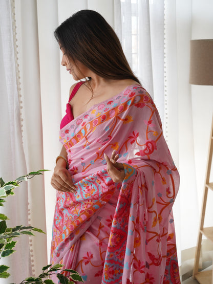 Peach Pink-Colored Floral Print Pashmina Cotton Saree