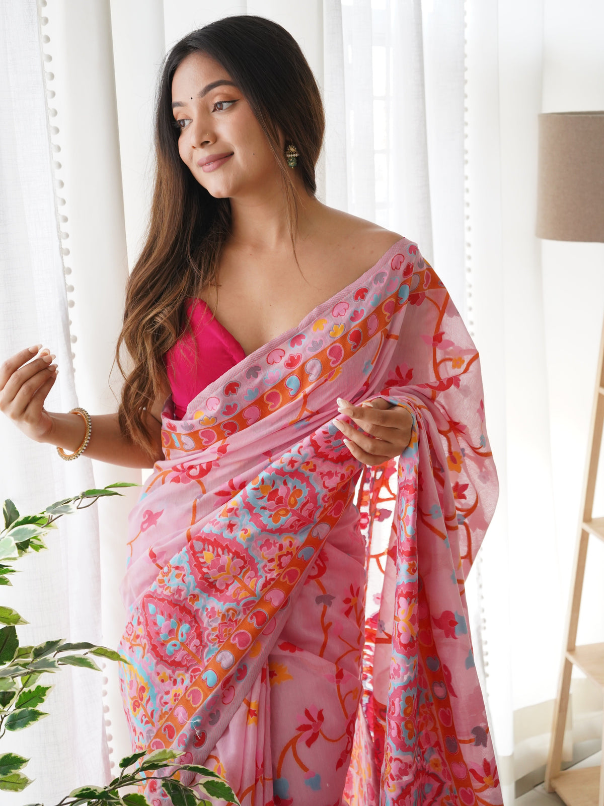 Peach Pink-Colored Floral Print Pashmina Cotton Saree