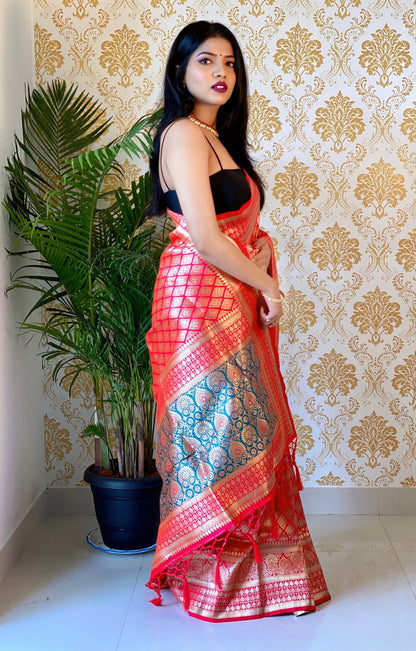 Coral Pink Color Zari Golden Weaving Rich Saree
