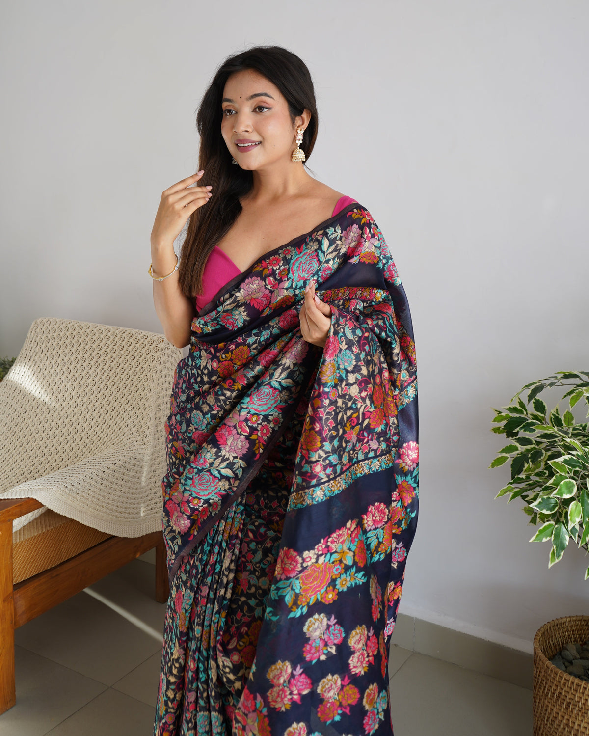 Navy Blue  - Colored Floral Print Pashmina Cotton Saree