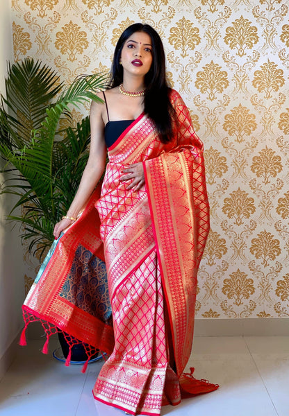 Coral Pink Color Zari Golden Weaving Rich Saree