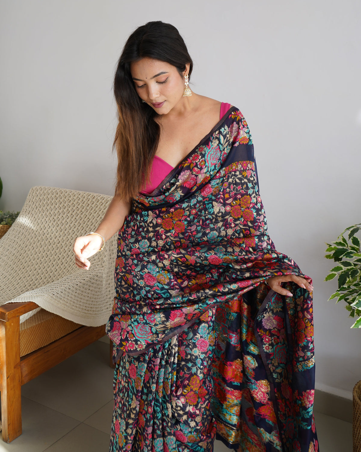 Navy Blue  - Colored Floral Print Pashmina Cotton Saree