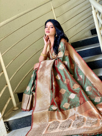 Green Color Zari Golden Weaving Rich Sare