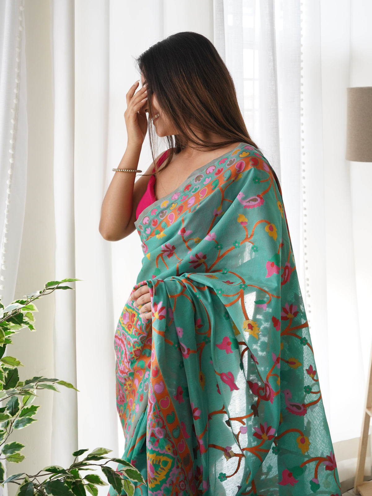 Turquoise Blue-Colored Floral Print Pashmina Cotton Saree