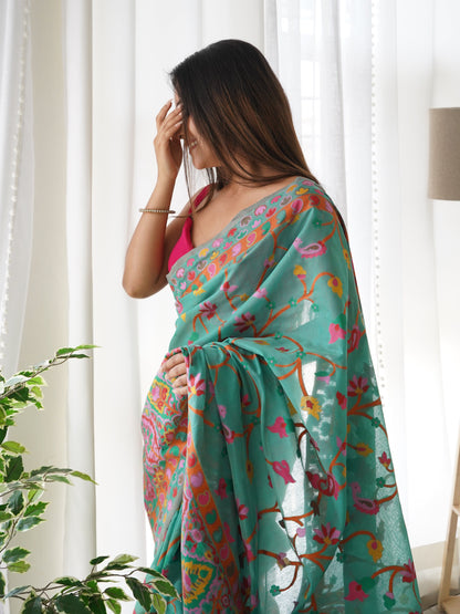 Turquoise Blue-Colored Floral Print Pashmina Cotton Saree