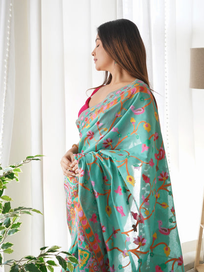 Turquoise Blue-Colored Floral Print Pashmina Cotton Saree