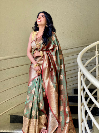 Green Color Zari Golden Weaving Rich Sare