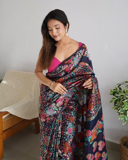 Navy Blue  - Colored Floral Print Pashmina Cotton Saree