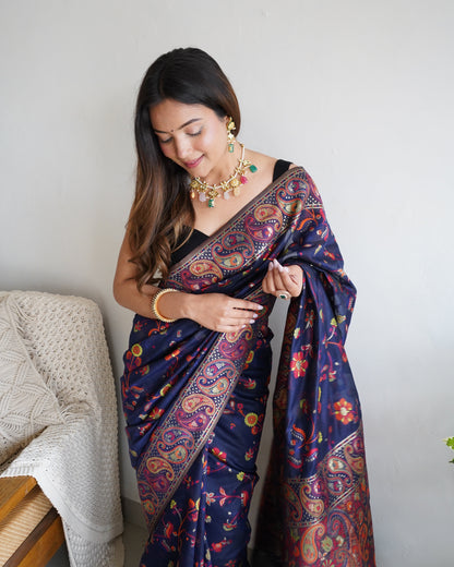 Navy Blue - Colored Floral Print Pashmina Cotton Saree