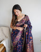 Navy Blue - Colored Floral Print Pashmina Cotton Saree
