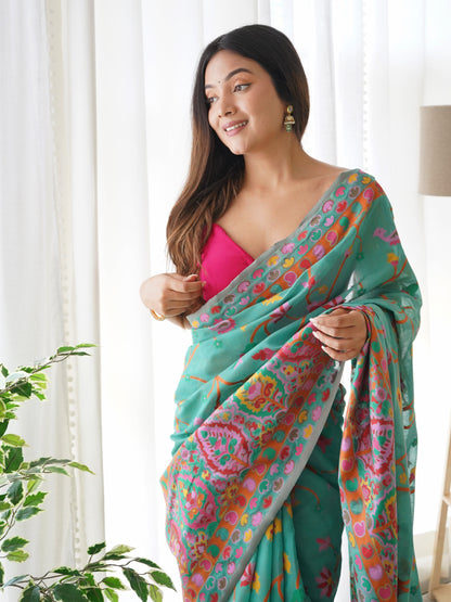 Turquoise Blue-Colored Floral Print Pashmina Cotton Saree