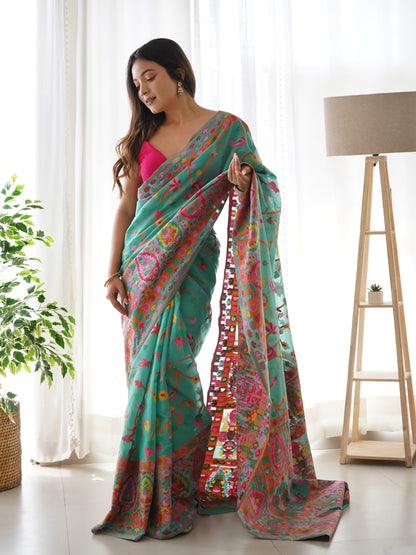 Turquoise Blue-Colored Floral Print Pashmina Cotton Saree