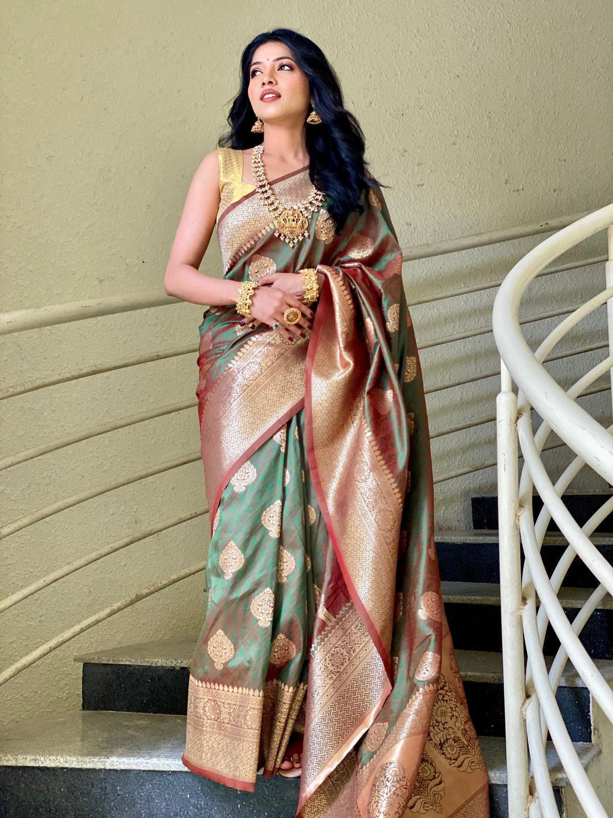 Green Color Zari Golden Weaving Rich Sare