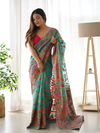 Turquoise Blue-Colored Floral Print Pashmina Cotton Saree
