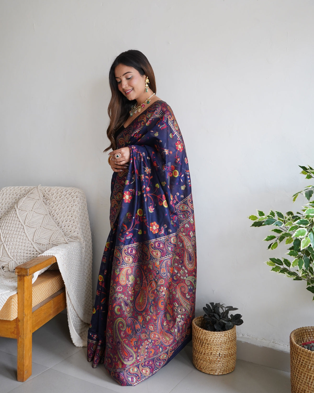 Navy Blue - Colored Floral Print Pashmina Cotton Saree