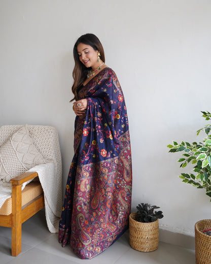 Navy Blue - Colored Floral Print Pashmina Cotton Saree