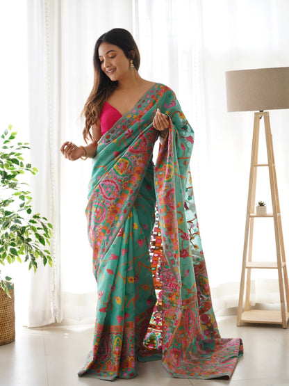 Turquoise Blue-Colored Floral Print Pashmina Cotton Saree