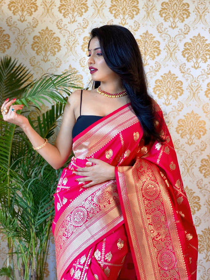 Pink Color Zari Golden Weaving Rich Saree