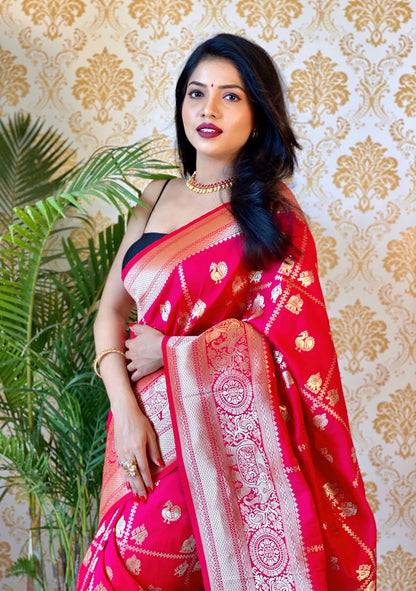 Pink Color Zari Golden Weaving Rich Saree