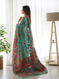 Turquoise Blue-Colored Floral Print Pashmina Cotton Saree