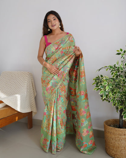 Pastel Green - Colored Floral Print Pashmina Cotton Saree