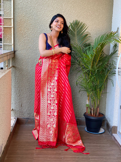 Red and Pink Color Zari Golden Weaving Rich Saree