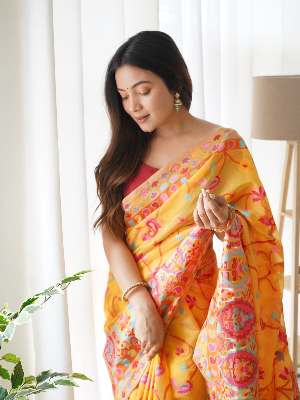 Mustard Yellow-Colored Floral Print Pashmina Cotton Saree