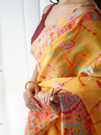 Mustard Yellow-Colored Floral Print Pashmina Cotton Saree