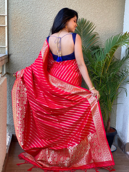 Red and Pink Color Zari Golden Weaving Rich Saree