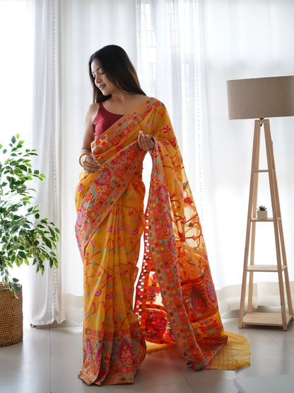 Mustard Yellow-Colored Floral Print Pashmina Cotton Saree