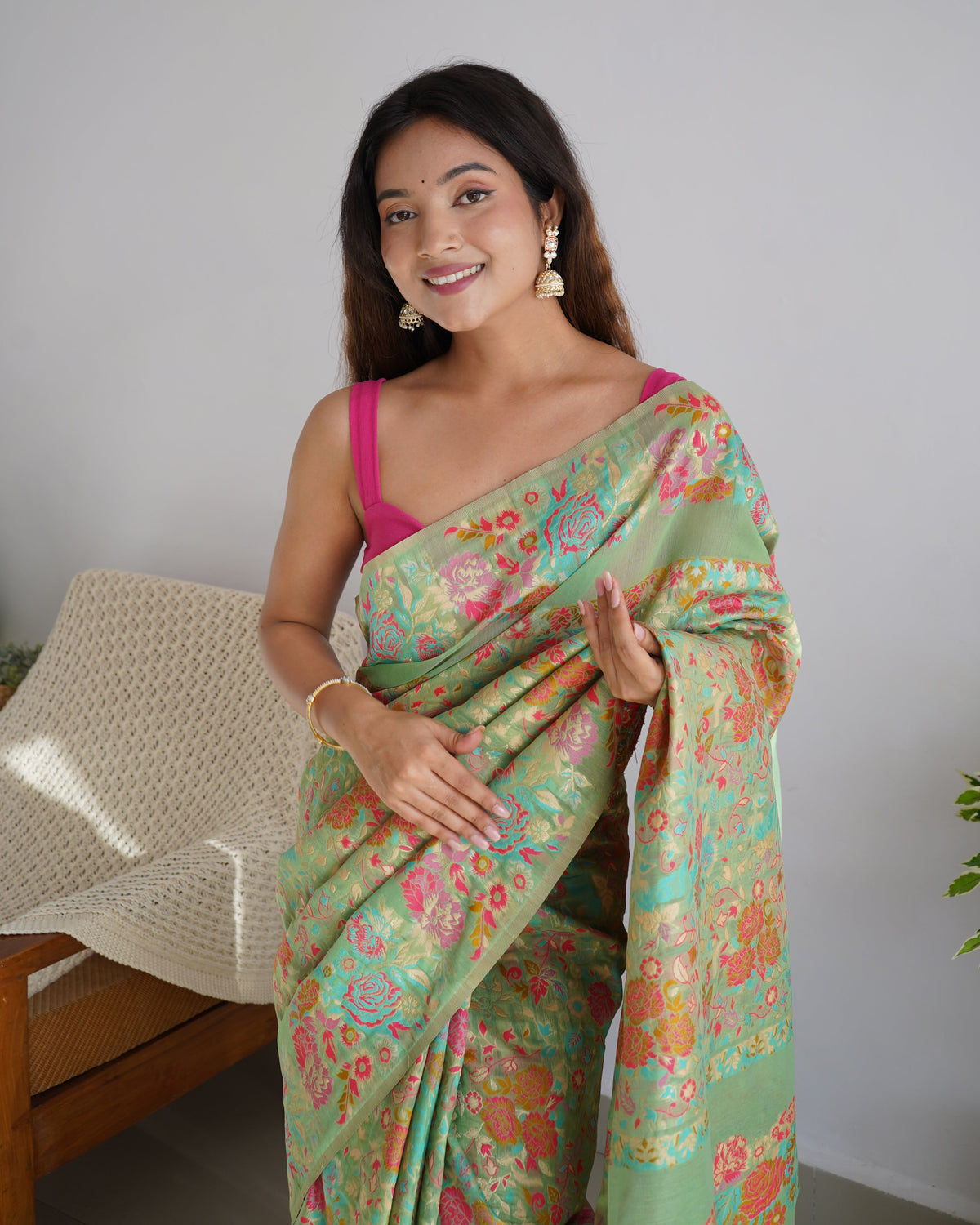 Pastel Green - Colored Floral Print Pashmina Cotton Saree
