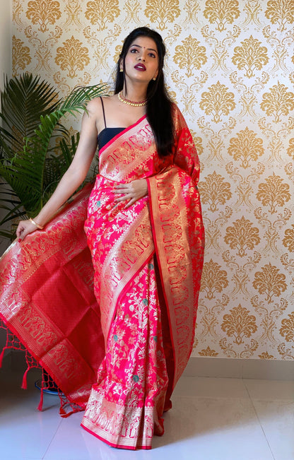 Pink Color Zari Golden Weaving Rich Saree