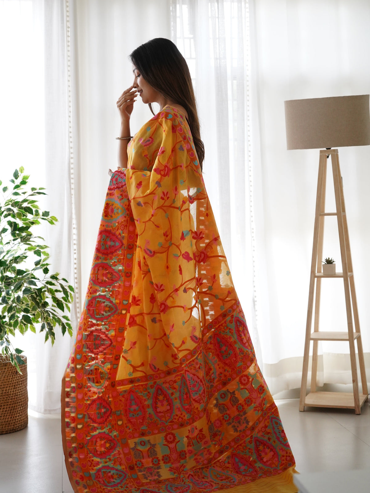 Mustard Yellow-Colored Floral Print Pashmina Cotton Saree