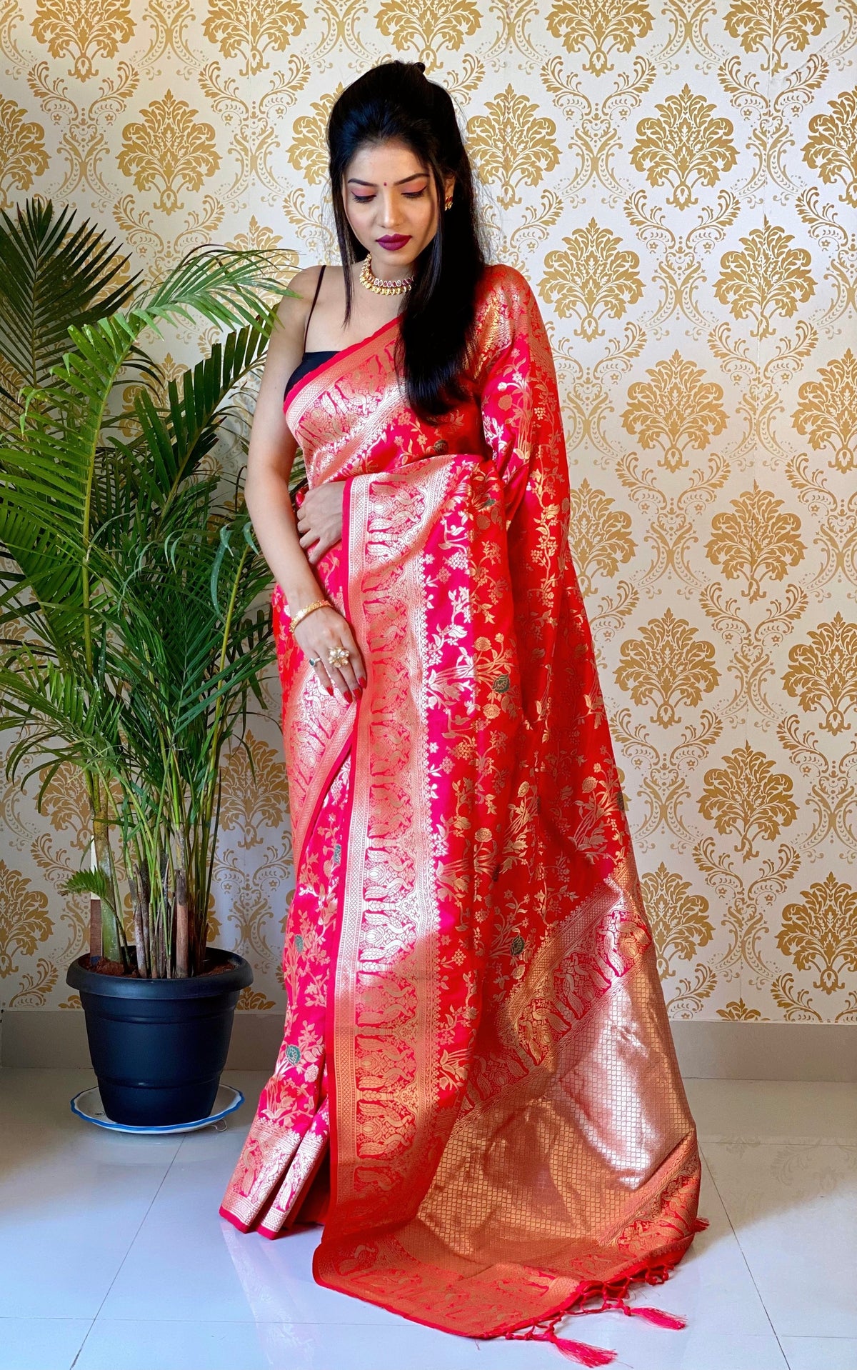 Pink Color Zari Golden Weaving Rich Saree