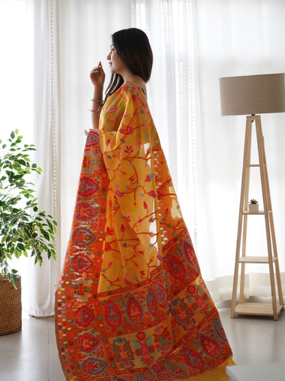 Mustard Yellow-Colored Floral Print Pashmina Cotton Saree
