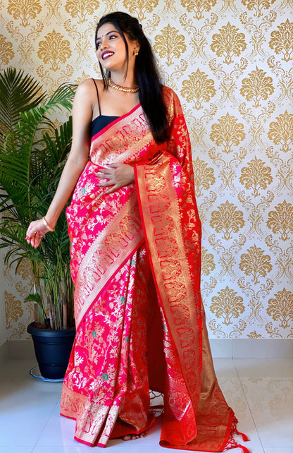 Pink Color Zari Golden Weaving Rich Saree